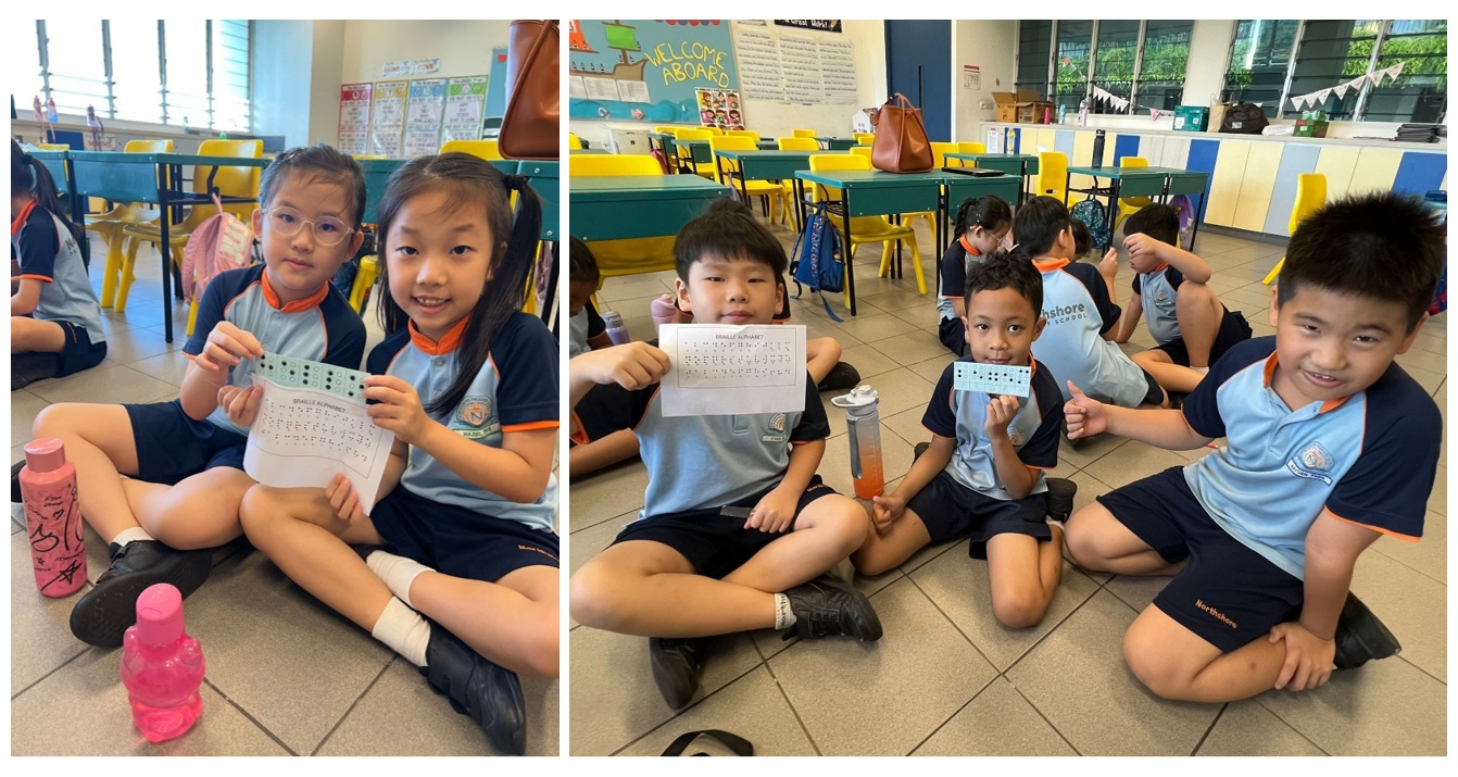 P5 students teaching the P2 students about braille